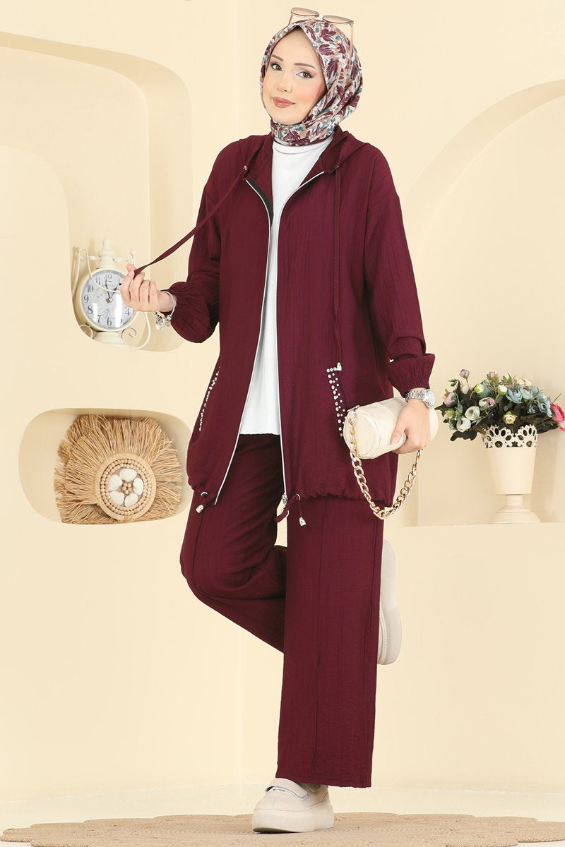 Woven Set with Embellished Pockets - Dark Burgundy