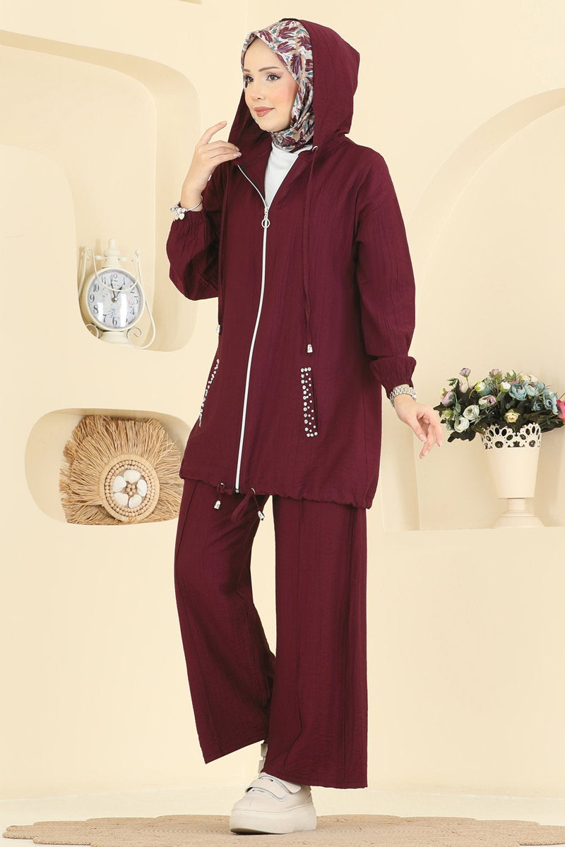 Woven Set with Embellished Pockets - Dark Burgundy