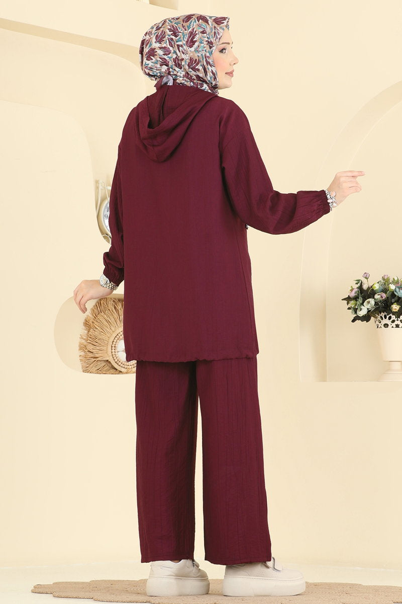 Woven Set with Embellished Pockets - Dark Burgundy