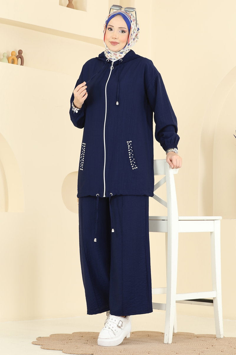 Woven Set with Embellished Pockets - Navy