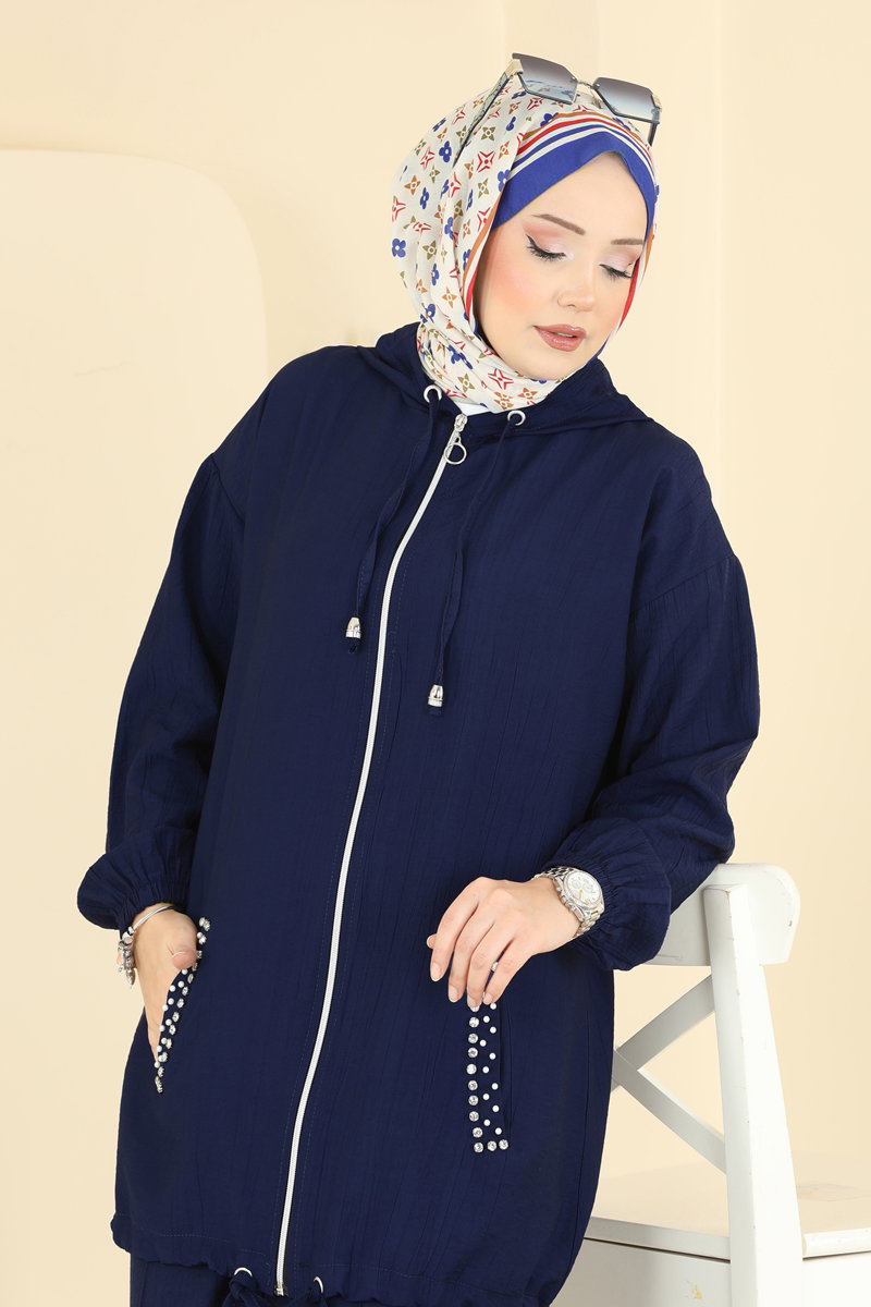 Woven Set with Embellished Pockets - Navy
