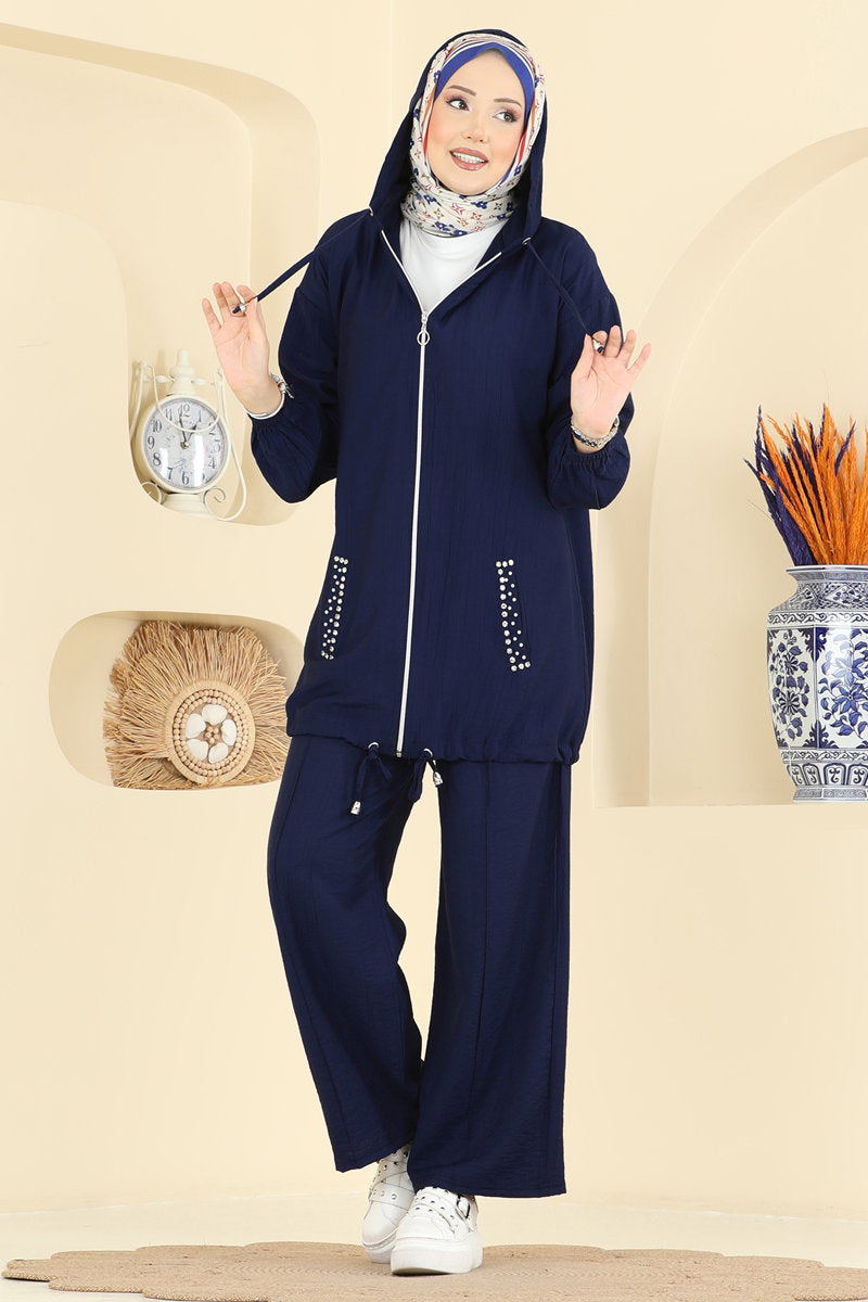 Woven Set with Embellished Pockets - Navy