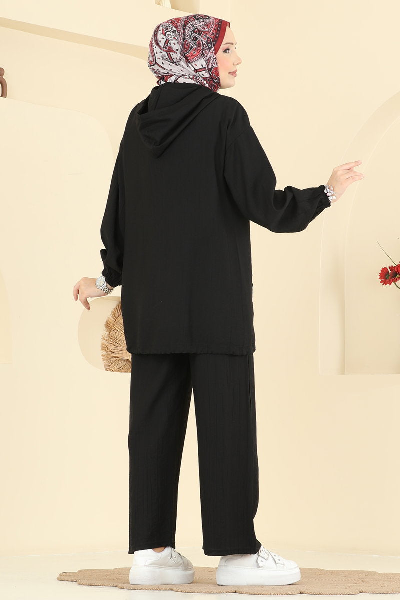 Woven Set with Embellished Pockets - Black