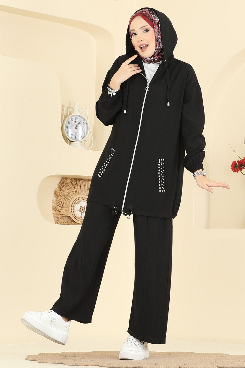 Woven Set with Embellished Pockets - Black