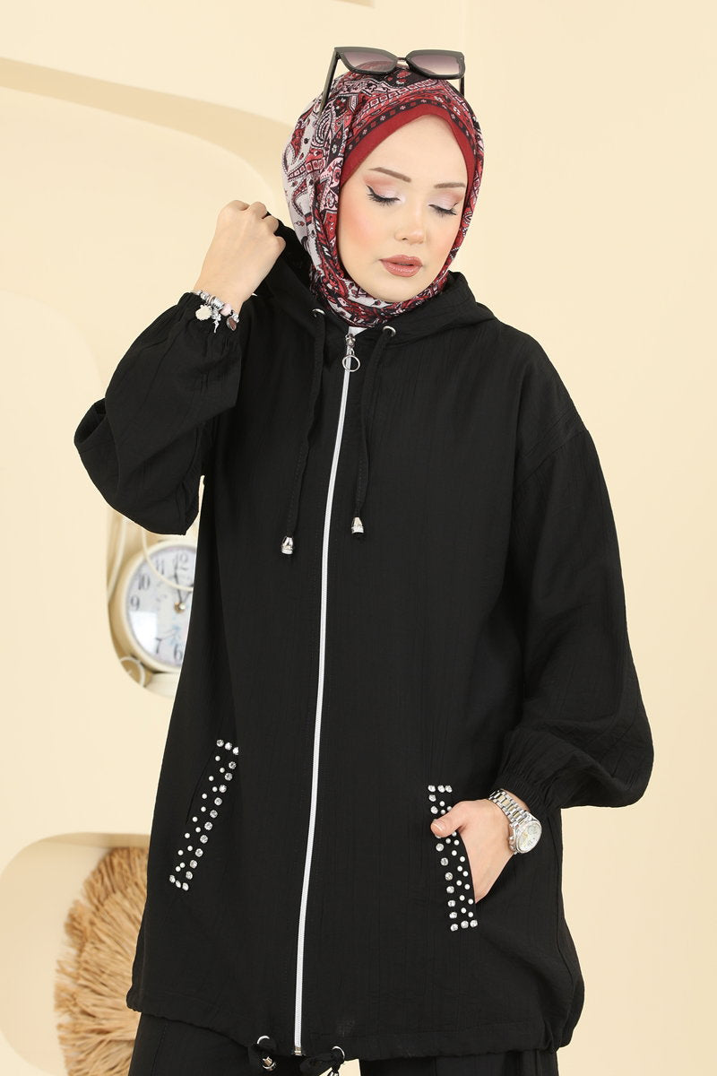 Woven Set with Embellished Pockets - Black
