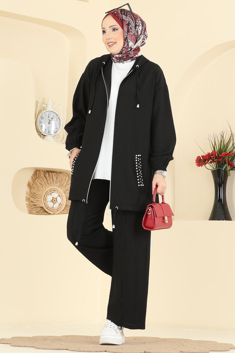 Woven Set with Embellished Pockets - Black