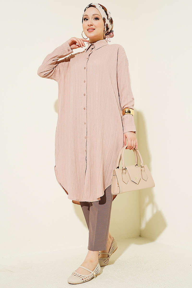 Long Loose Bark-Crinkle Shirt with Pockets - Beige