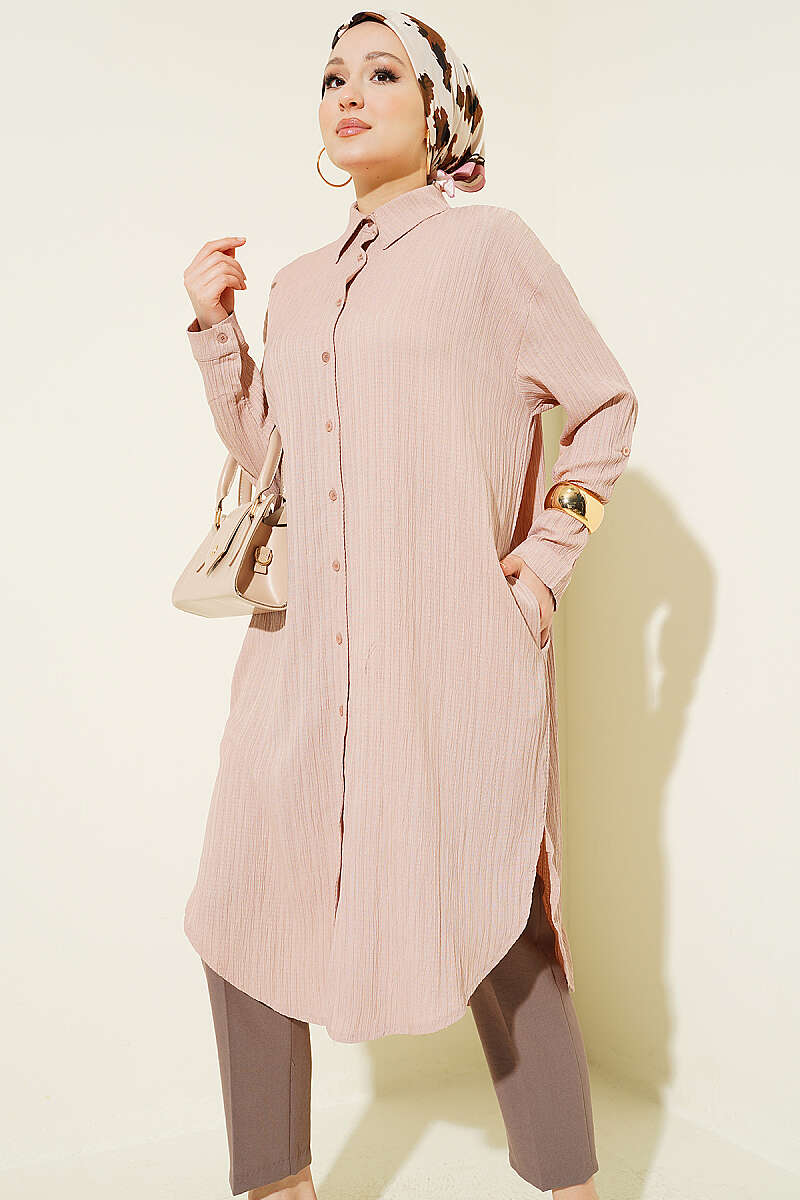 Long Loose Bark-Crinkle Shirt with Pockets - Beige
