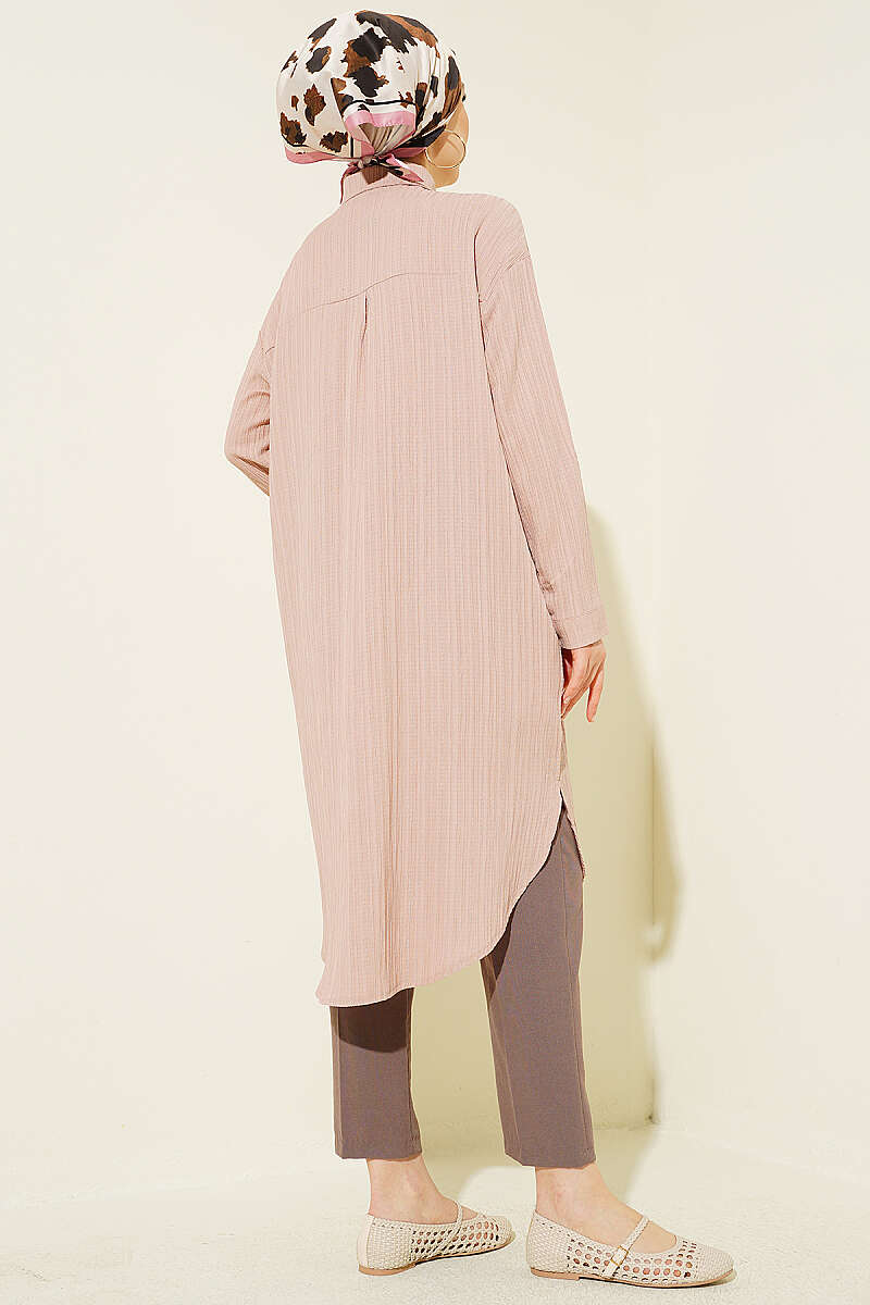 Long Loose Bark-Crinkle Shirt with Pockets - Beige