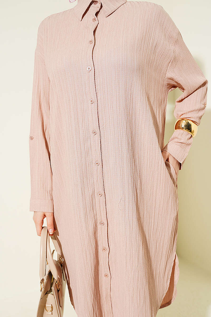 Long Loose Bark-Crinkle Shirt with Pockets - Beige