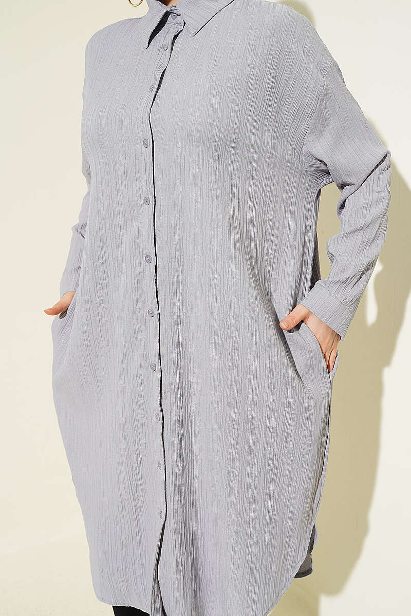 Long Loose Bark-Crinkle Shirt with Pockets - Grey