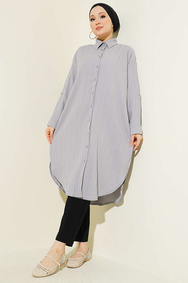 Long Loose Bark-Crinkle Shirt with Pockets - Grey