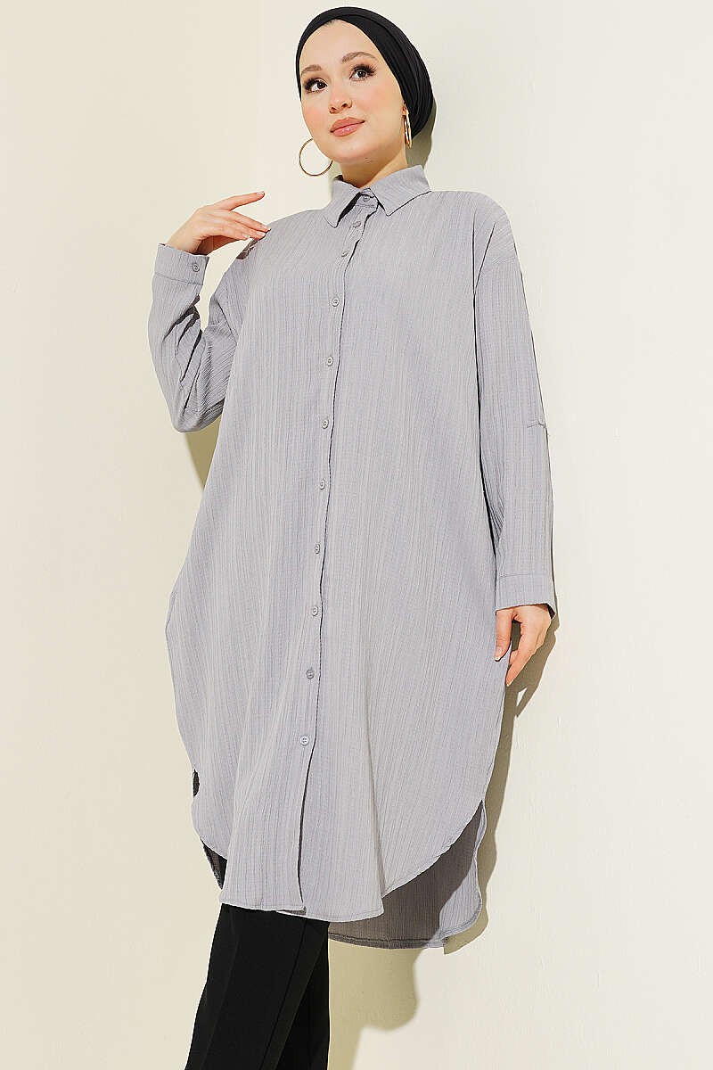 Long Loose Bark-Crinkle Shirt with Pockets - Grey
