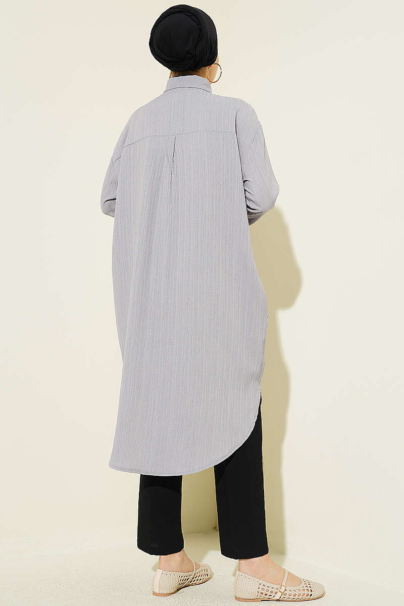 Long Loose Bark-Crinkle Shirt with Pockets - Grey
