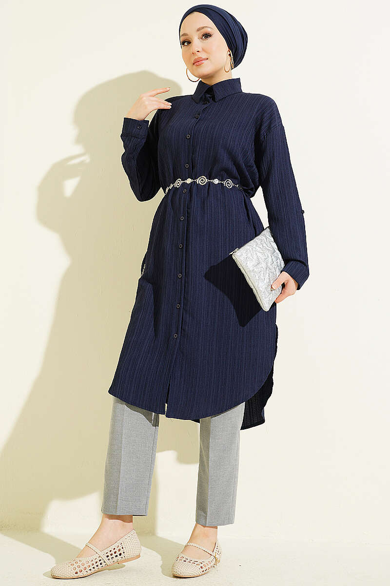 Long Loose Bark-Crinkle Shirt with Pockets - Navy