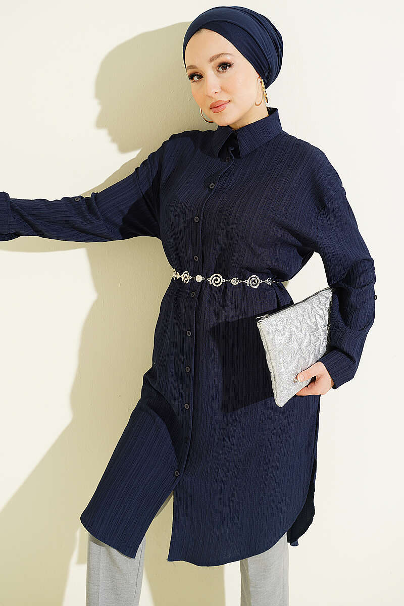 Long Loose Bark-Crinkle Shirt with Pockets - Navy