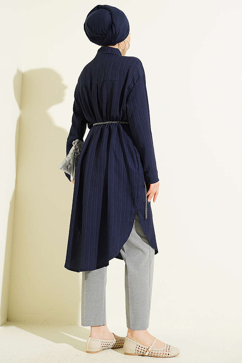 Long Loose Bark-Crinkle Shirt with Pockets - Navy