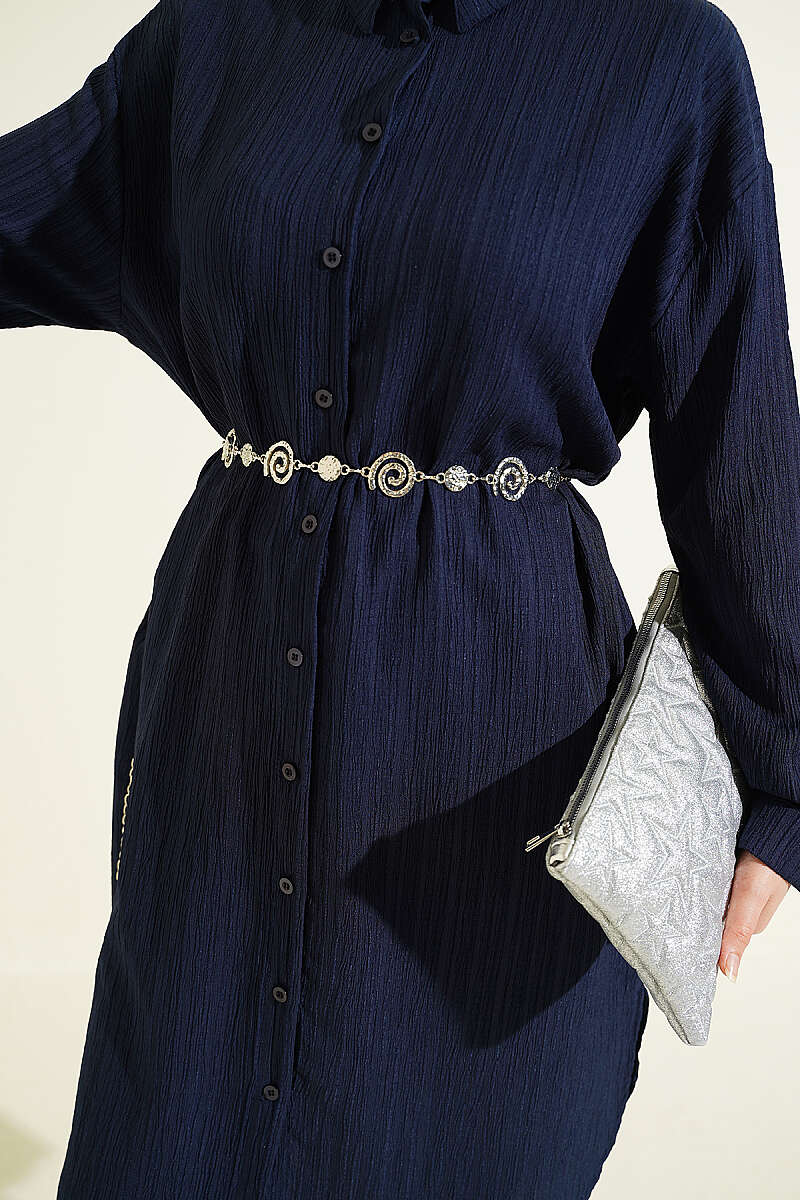 Long Loose Bark-Crinkle Shirt with Pockets - Navy