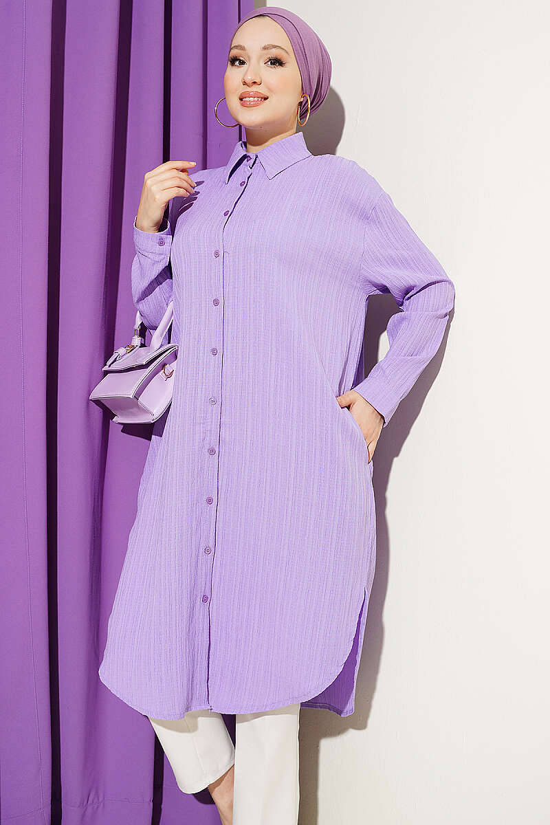 Long Loose Bark-Crinkle Shirt with Pockets - Lilac
