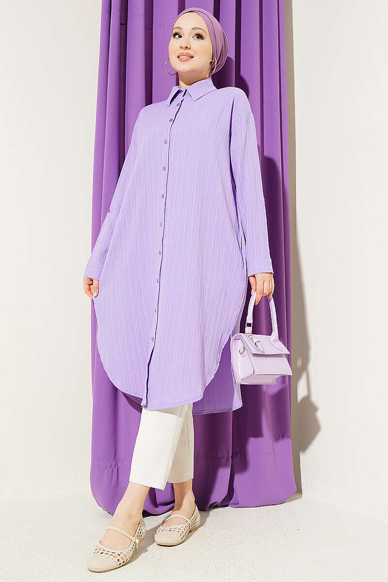 Long Loose Bark-Crinkle Shirt with Pockets - Lilac