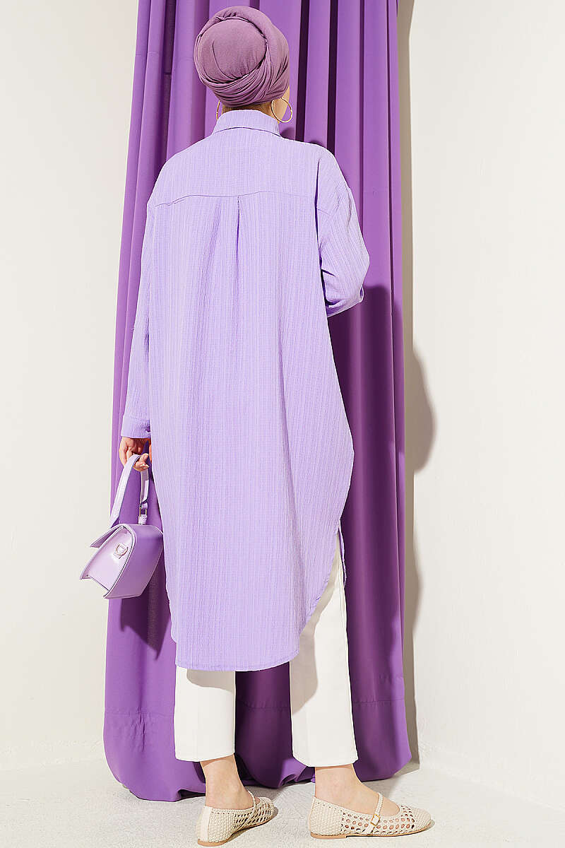 Long Loose Bark-Crinkle Shirt with Pockets - Lilac