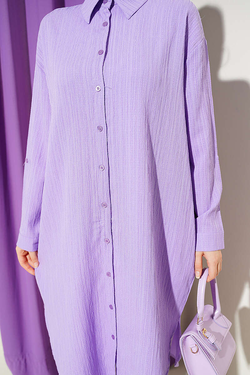 Long Loose Bark-Crinkle Shirt with Pockets - Lilac