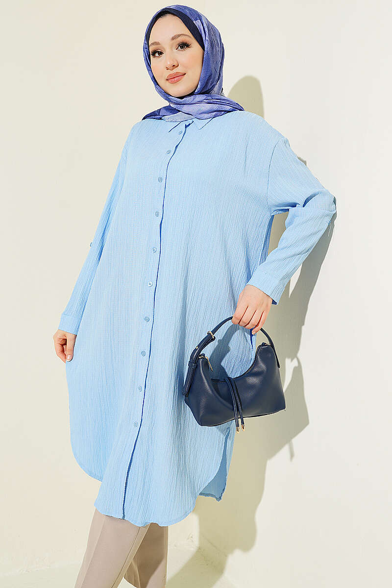 Long Loose Bark-Crinkle Shirt with Pockets - Blue