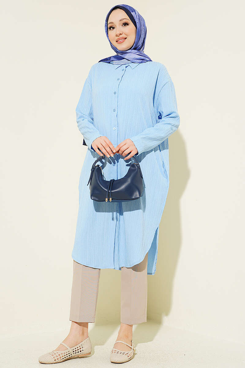 Long Loose Bark-Crinkle Shirt with Pockets - Blue