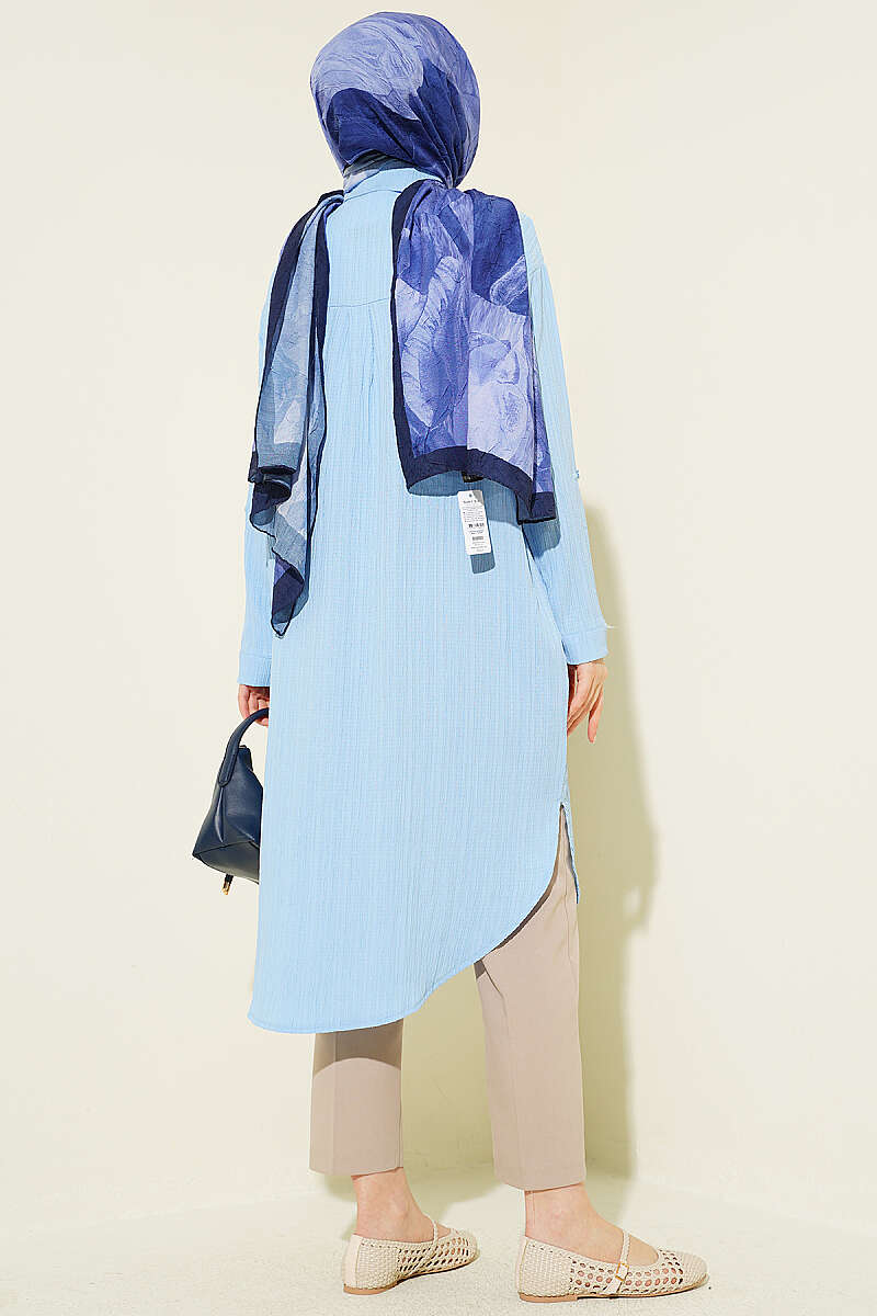 Long Loose Bark-Crinkle Shirt with Pockets - Blue