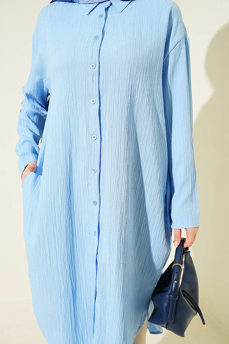 Long Loose Bark-Crinkle Shirt with Pockets - Blue