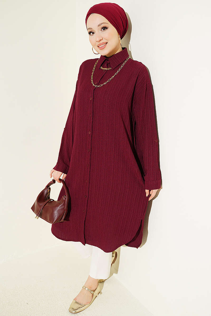 Long Loose Bark-Crinkle Shirt with Pockets - Plum