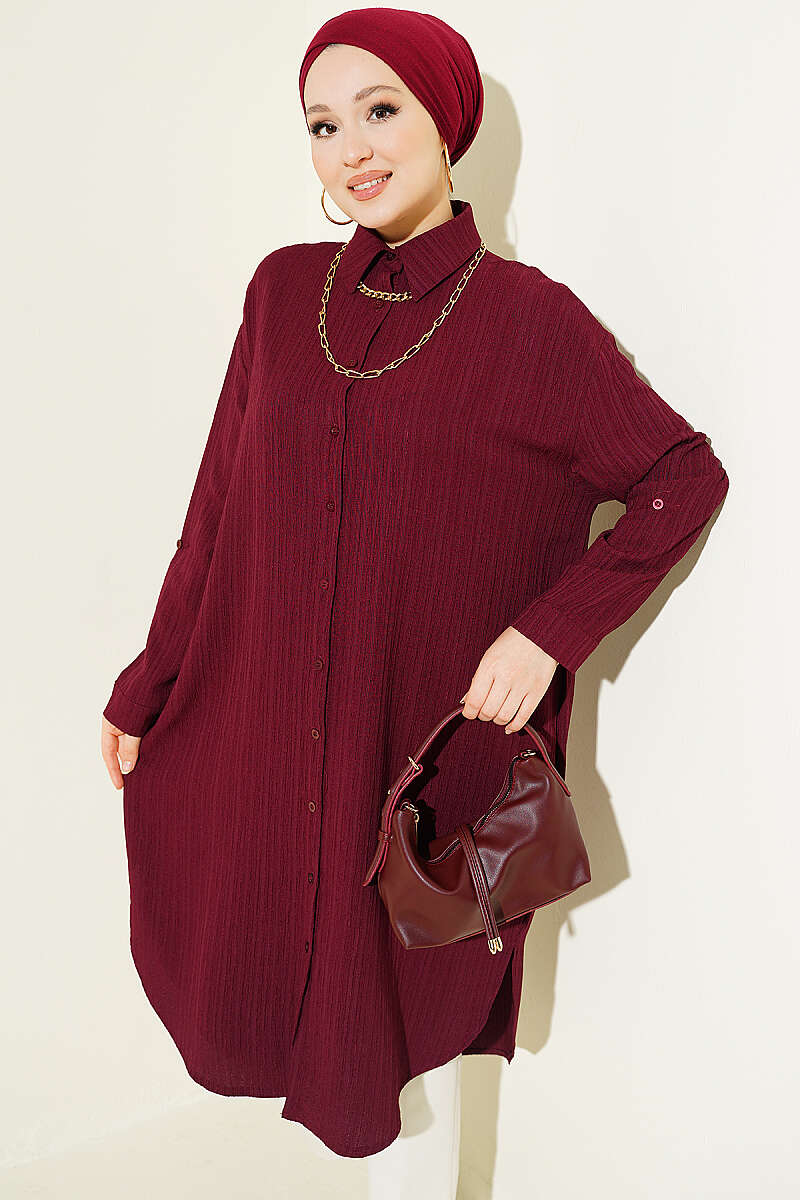 Long Loose Bark-Crinkle Shirt with Pockets - Plum