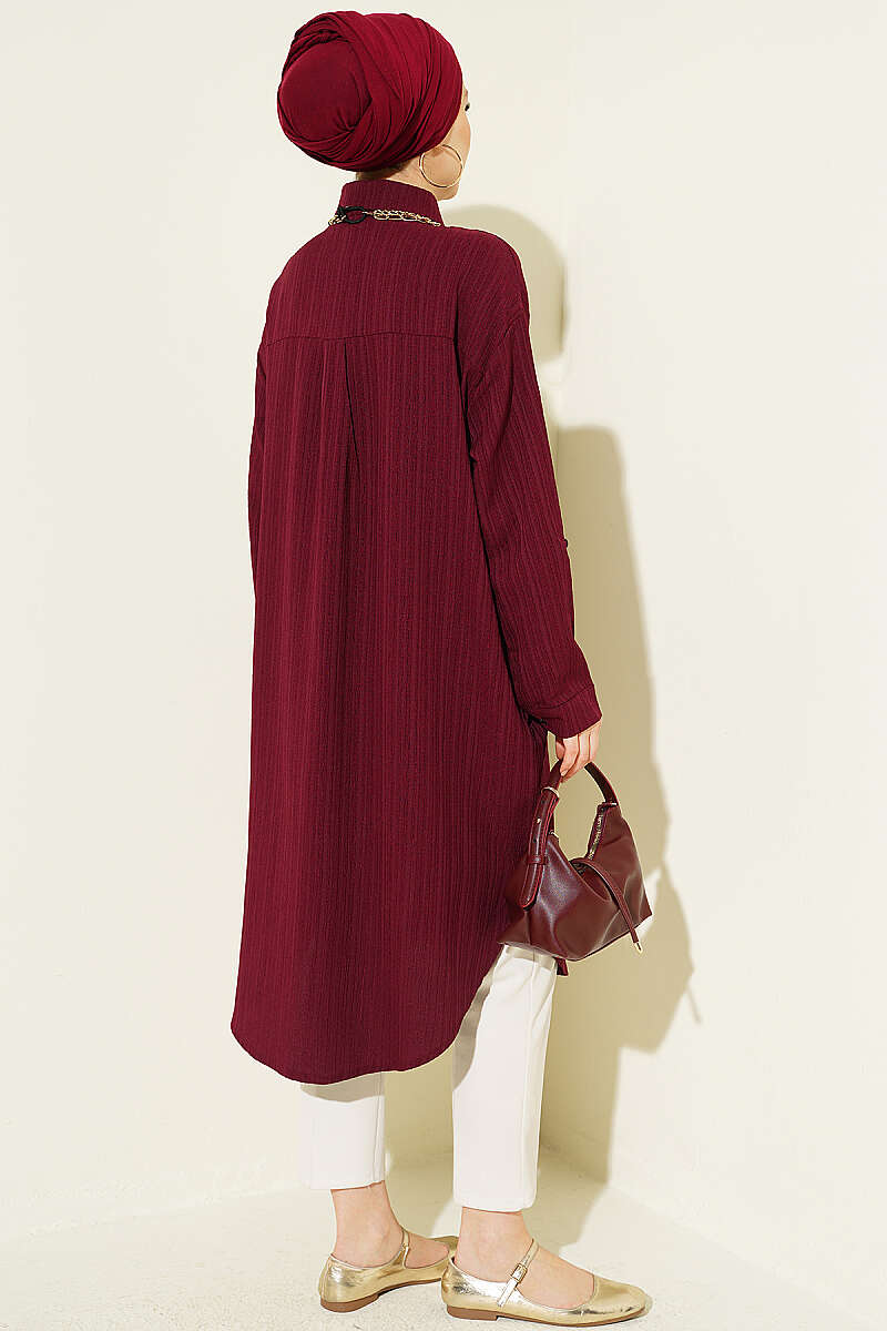 Long Loose Bark-Crinkle Shirt with Pockets - Plum