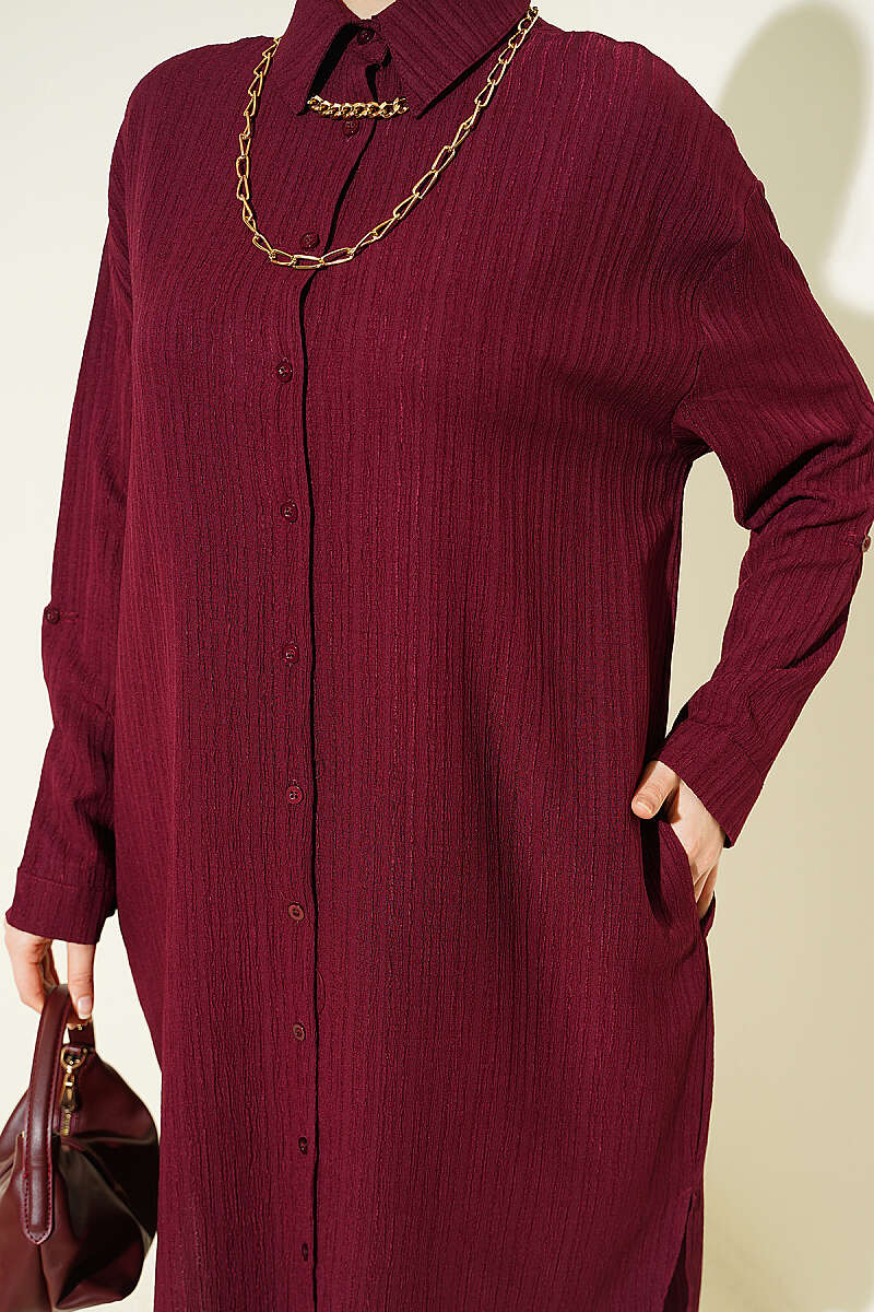 Long Loose Bark-Crinkle Shirt with Pockets - Plum