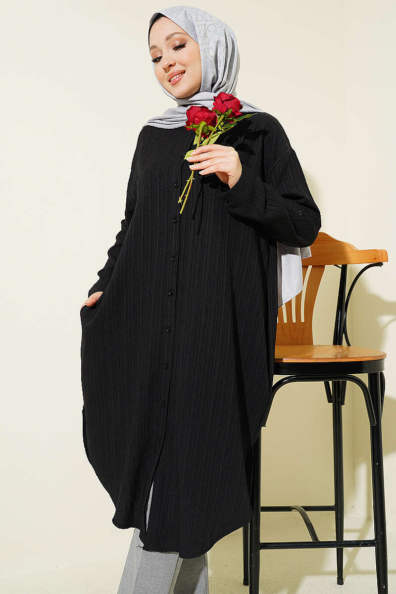 Long Loose Bark-Crinkle Shirt with Pockets - Black