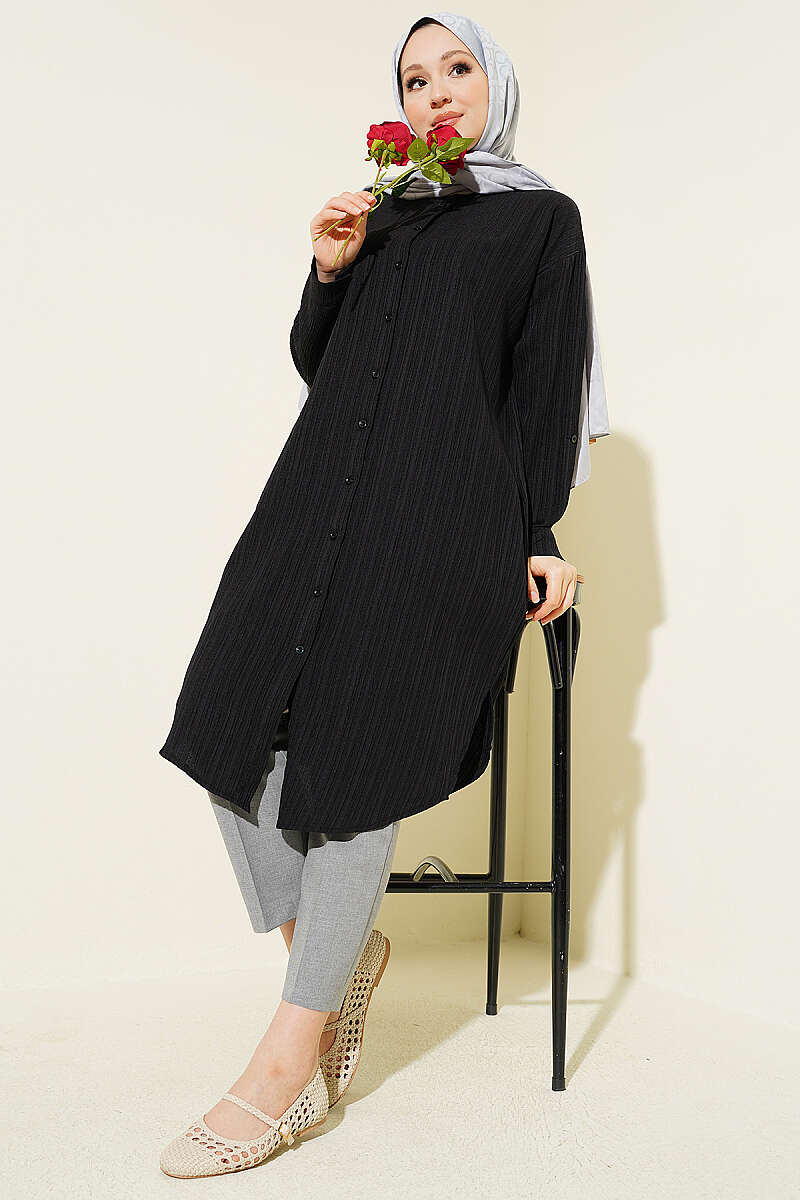 Long Loose Bark-Crinkle Shirt with Pockets - Black