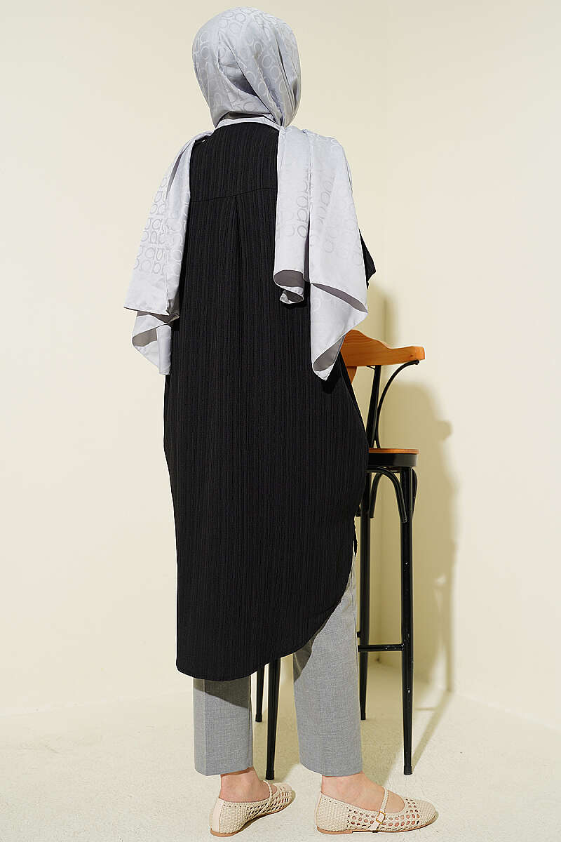 Long Loose Bark-Crinkle Shirt with Pockets - Black