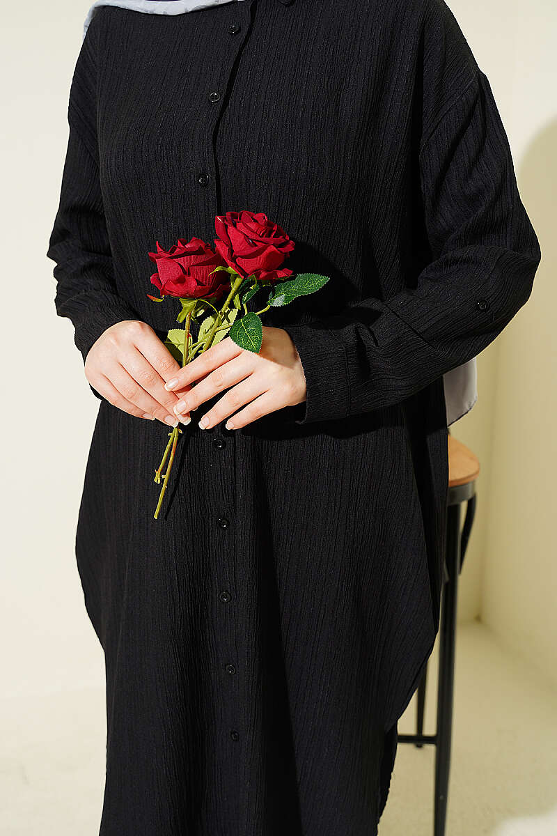 Long Loose Bark-Crinkle Shirt with Pockets - Black
