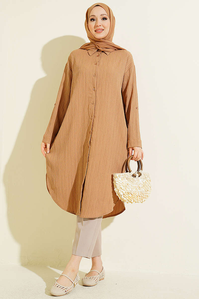 Long Loose Bark-Crinkle Shirt with Pockets - Mink
