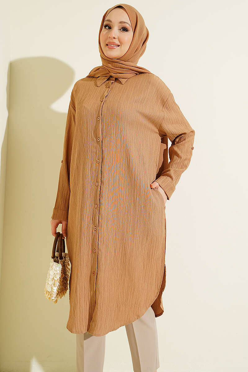 Long Loose Bark-Crinkle Shirt with Pockets - Mink