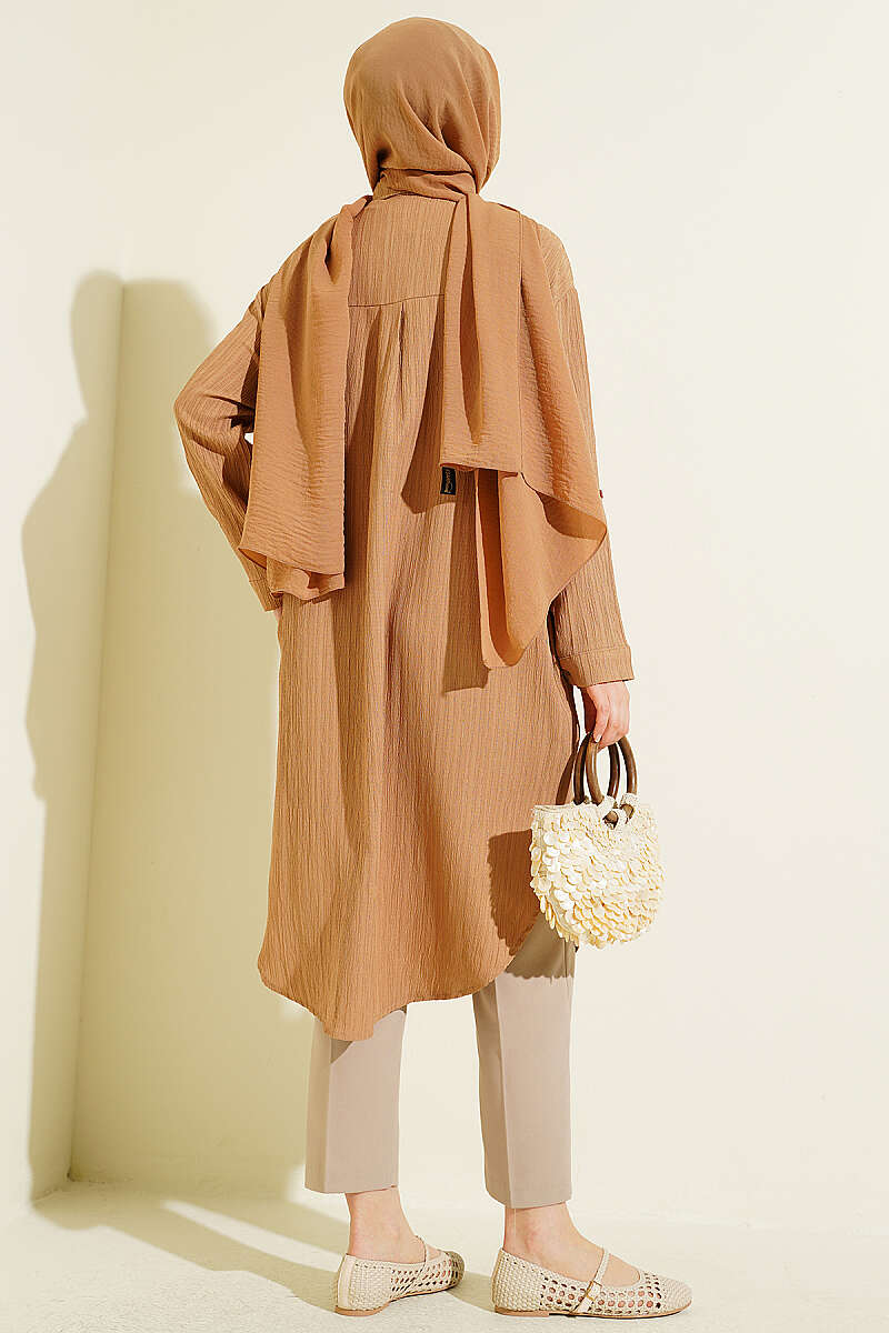 Long Loose Bark-Crinkle Shirt with Pockets - Mink