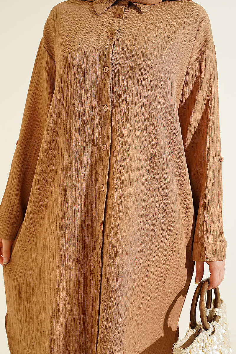 Long Loose Bark-Crinkle Shirt with Pockets - Mink
