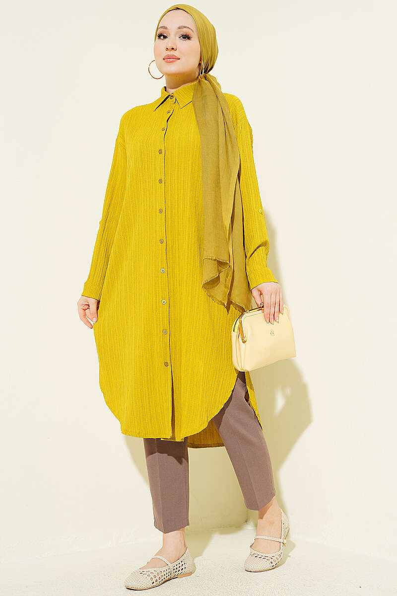 Long Loose Bark-Crinkle Shirt with Pockets - Olive