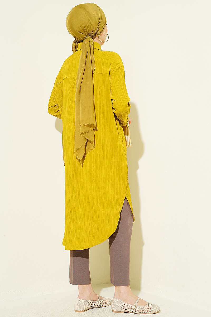 Long Loose Bark-Crinkle Shirt with Pockets - Olive