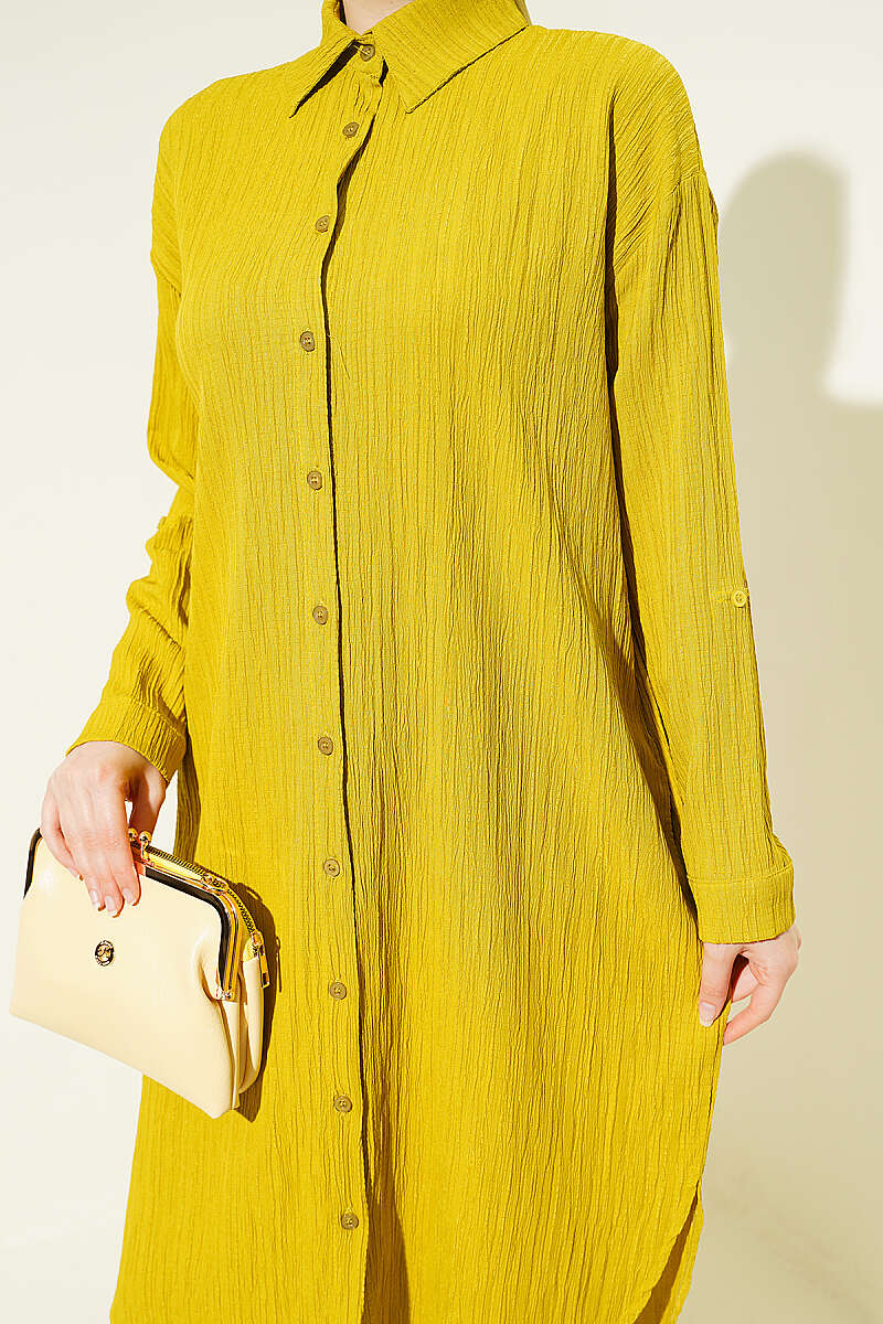 Long Loose Bark-Crinkle Shirt with Pockets - Olive