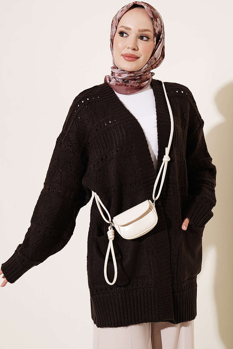 Pointelle Knit Cardigan with Pockets - Dark Brown