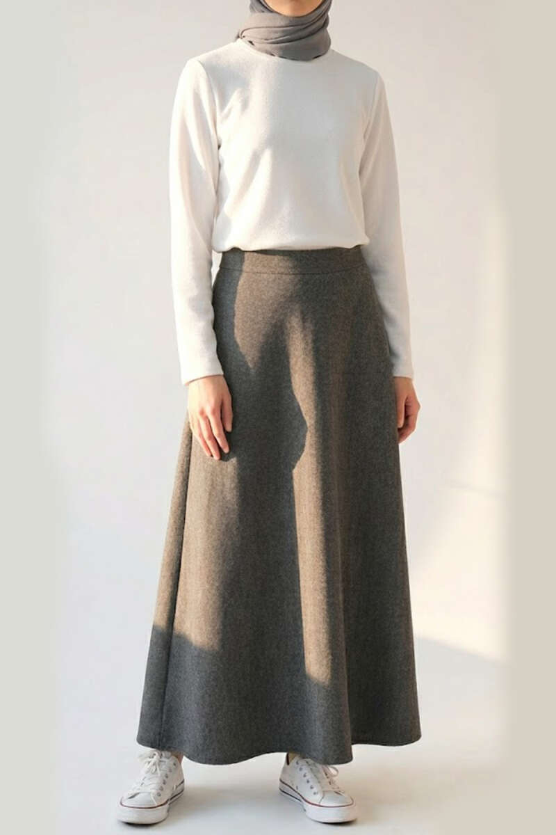 Herringbone Flared Skirt with Pockets - Smoke Grey