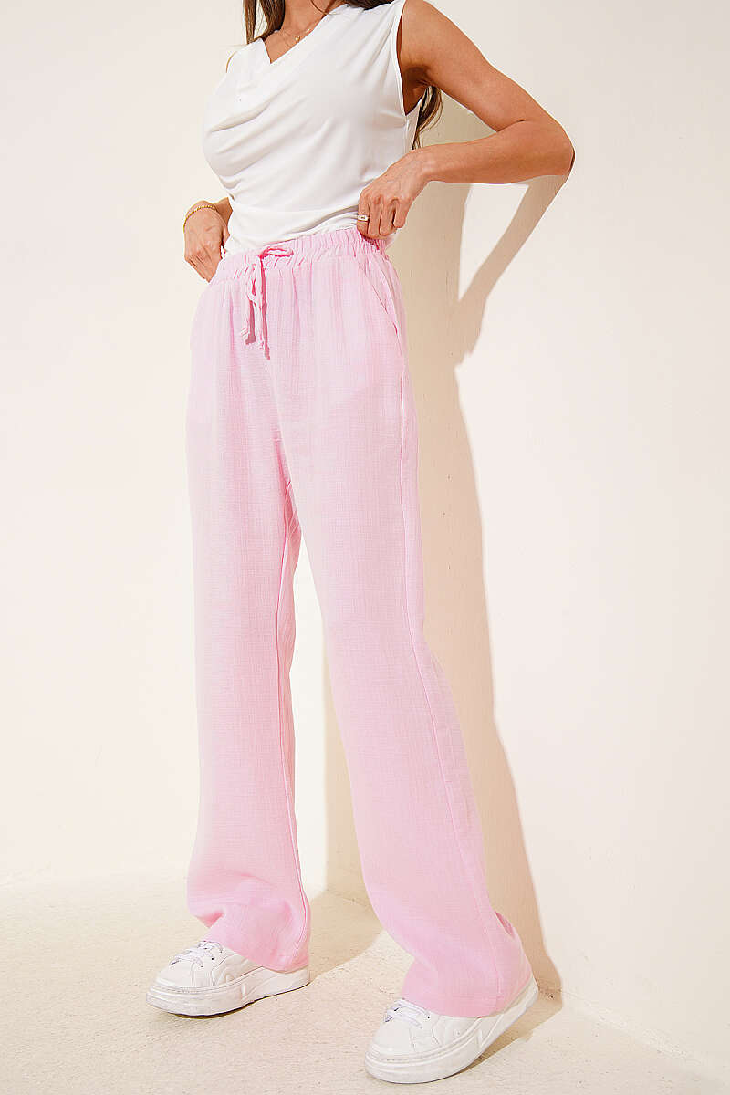 Muslin Trousers with Pockets and Elastic Waist - Pink