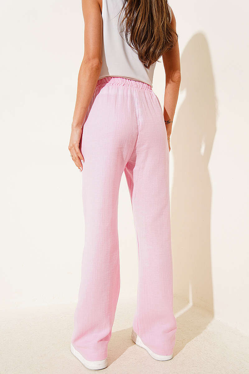 Muslin Trousers with Pockets and Elastic Waist - Pink