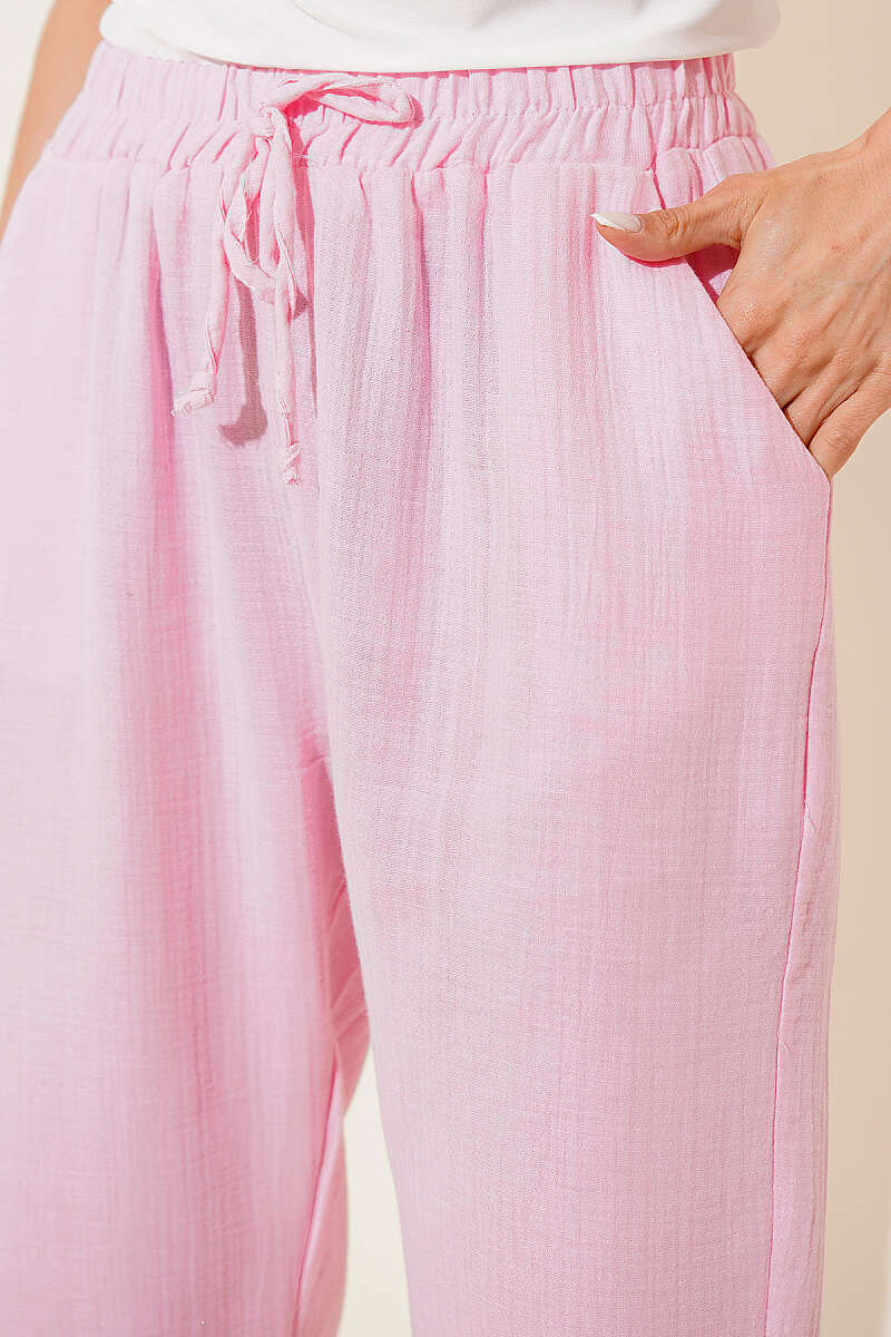 Muslin Trousers with Pockets and Elastic Waist - Pink